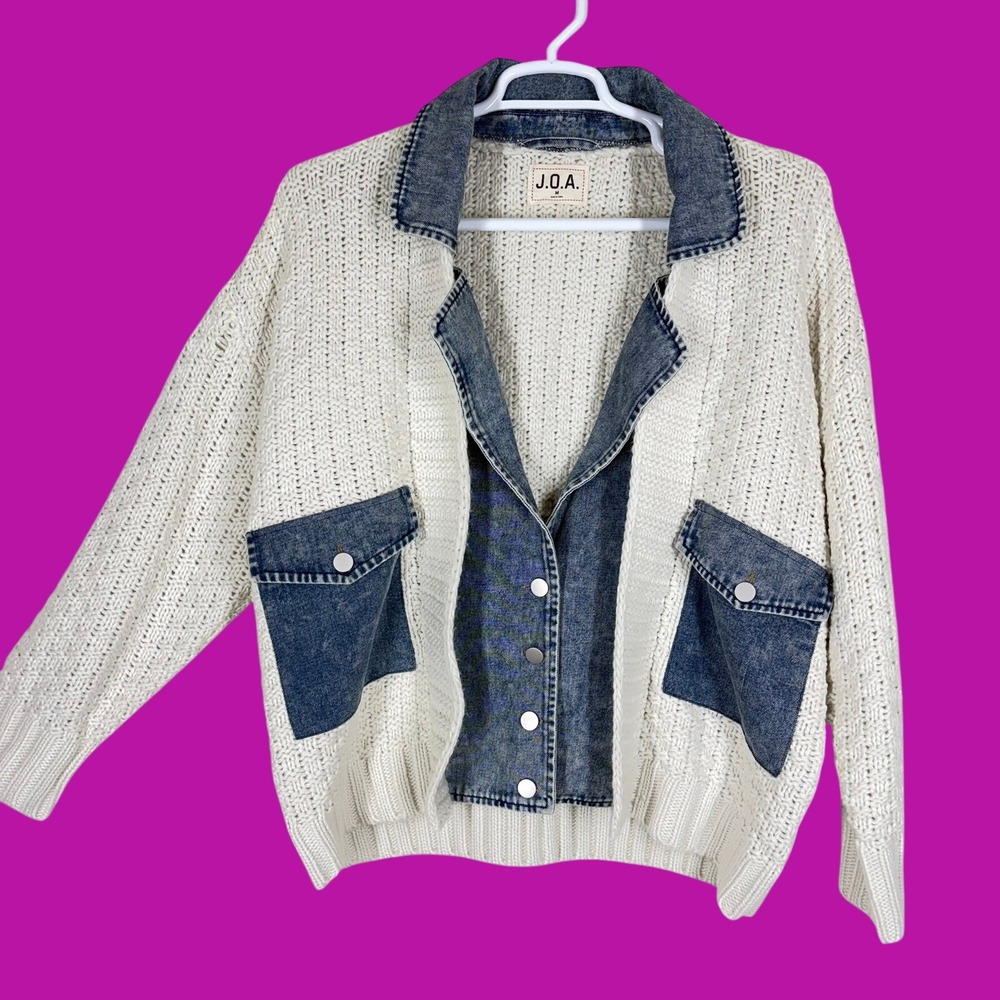 J.O.A. Womens Cardigan Sweater M Cream Denim Mixed Media Chunky Knit Oversized